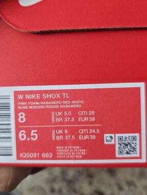 W Nike Shox TL Pink Foam/Habanero Red-White Shoe Box Label
